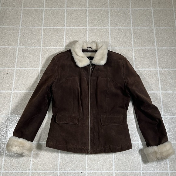 Wilsons Leather Jackets & Blazers - Vintage Y2K Women's Wilsons Leather Maxima Brown Suede Faux Fur Trim Jacket Sz L